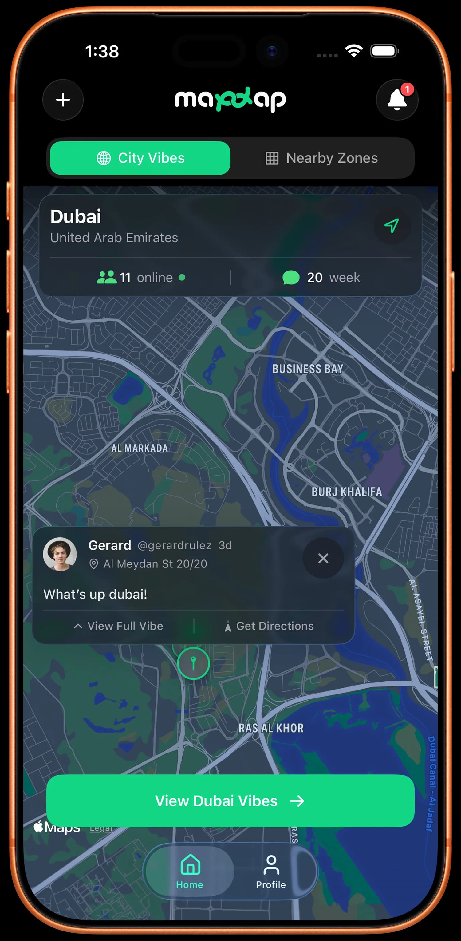 mapdap city map with pinned vibes across neighborhoods
